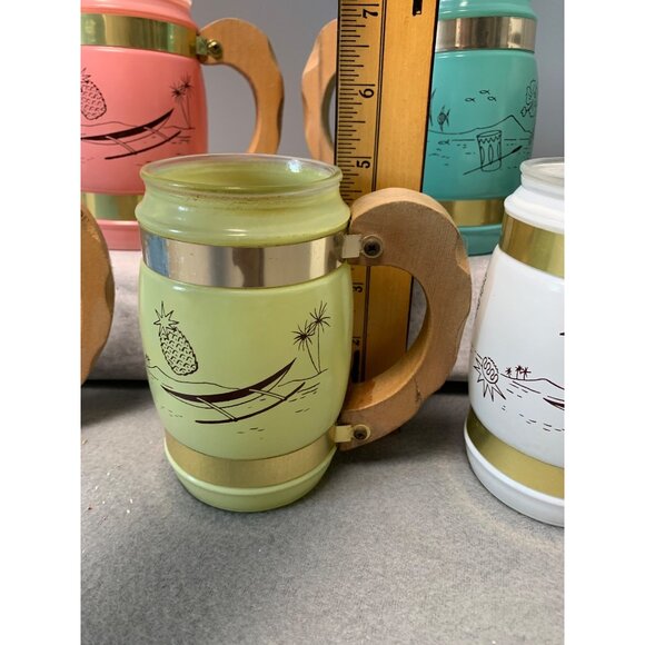 Vintage Siesta Ware Frosted Tiki Mugs With Wood & Brass Handles - 5 Rainbow Colo - Picture 8 of 13